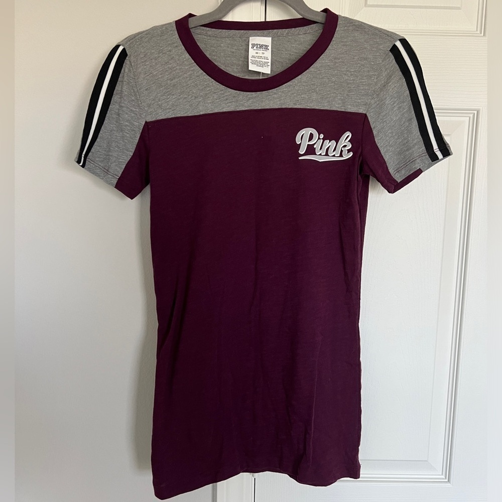 NWT Victoria’s Secret Pink Burgundy and Gray Varsity Tee